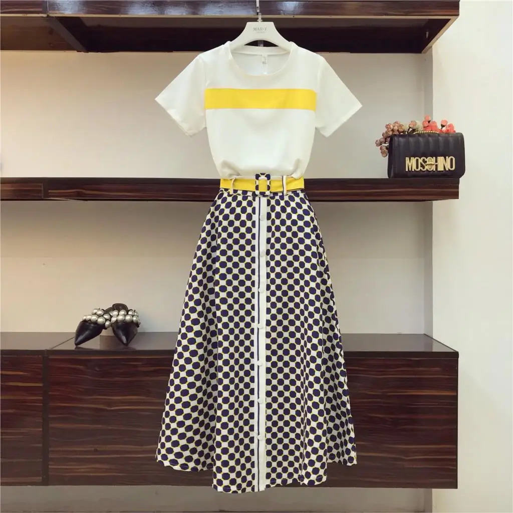 

Summer student sets Color Block O Neck Short Sleeve Tshirts+Geometric Patterns Ultra Long Skirt 12 14 16 big girl clothes Suits