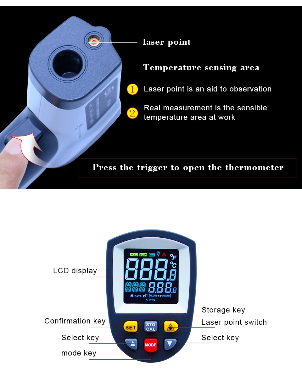 BENETECH цифровой лазерный термометр-50~ 750/950C Бесконтактный лазерный измеритель температуры пирометр ИК точечный пистолет цветной экран