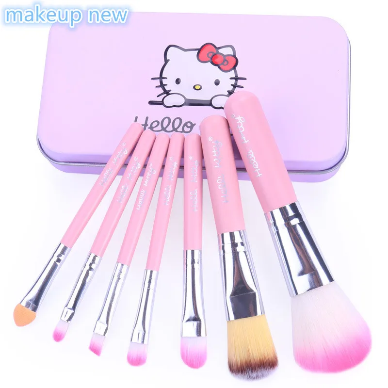 

FLD014 7Pcs/ set Hello Kitty pink black makeup brushes Mini Makeup brush Set cosmetics kit make up brush Kit with Metal box