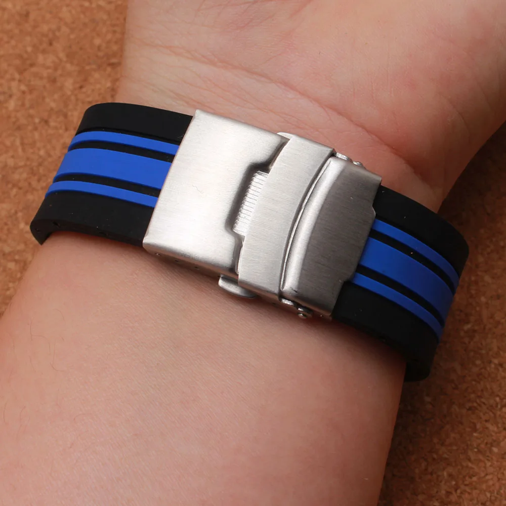 

new arrival Special watchband watch strap bracelet with silver buckle folding deployment 21mm silicone rubber mens watches bands