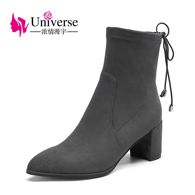 

Universe high heel stretch fabric women ankle boots lace up pointed toe chunky heel winter boots G412