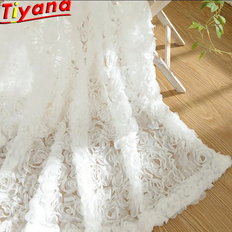 

White Lace 3D Rose Curtains Voile Custom Window Screens For Marriage Living Room Bedroom Korean Creative Pink Sheer WP148 *30