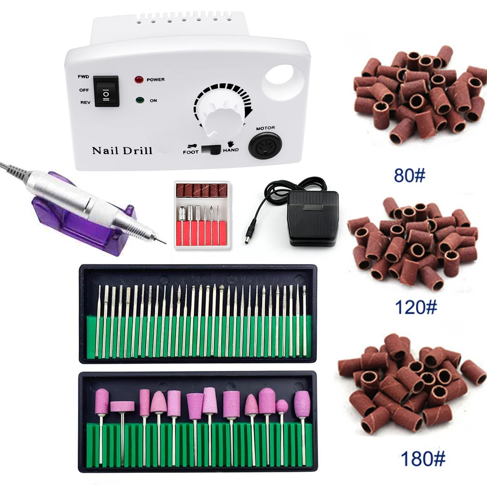 

20W 35000RPM Electric Nail Drill Machine Manicure Machine File Kit With 3 packs sand ring 2 boxes Drill Bit with Metal Handle