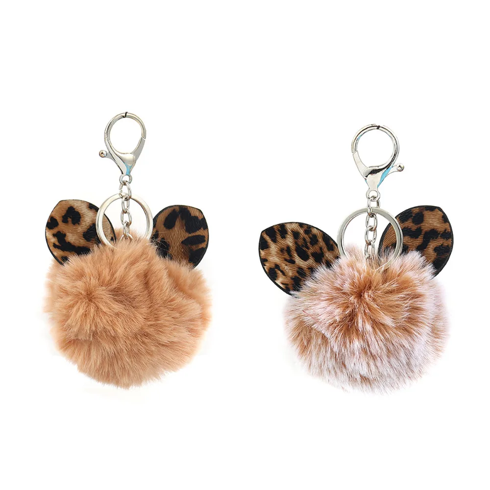 

8Seasons Plush Keychain & Keyring Pom Pom Ball White/Brown Khaki Leopard Ears Fashion Jewelry 14cm(5 4/8") x 8cm(3 1/8"),1 Piece
