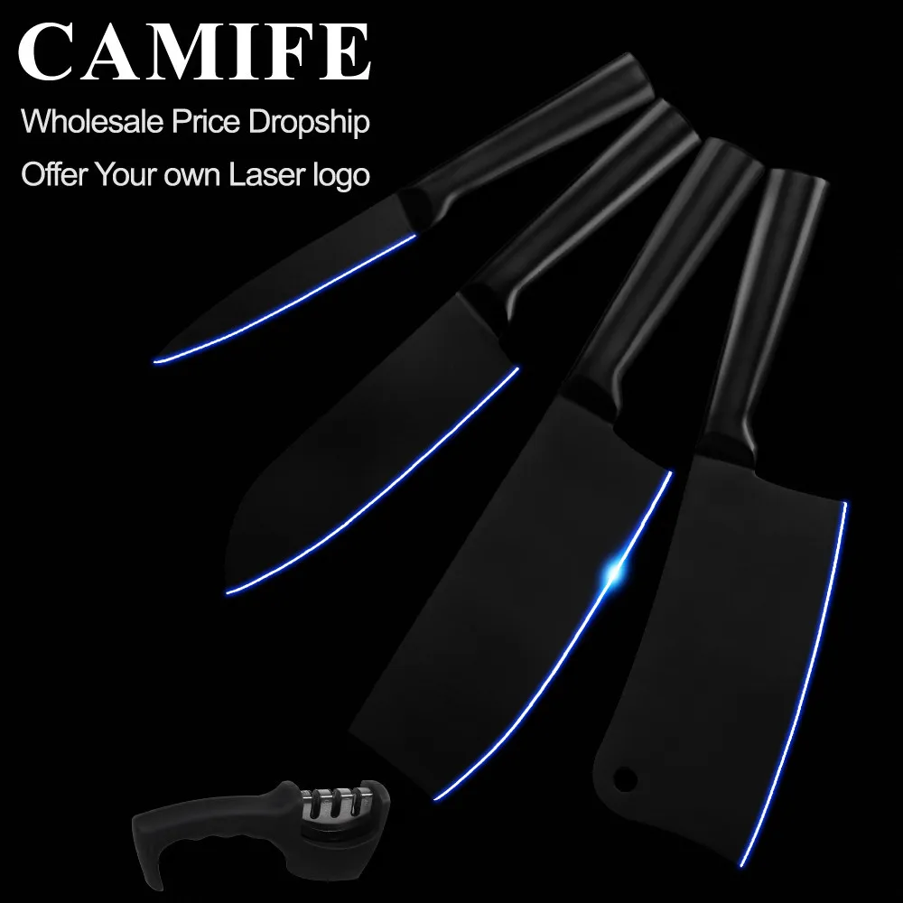 

Kitchen Knife Set 4cr14 Stainless Steel Knife Utility Santoku Chopping Nakiri Knives Sharpener Accessories Tool 5 Pcs Knives Set