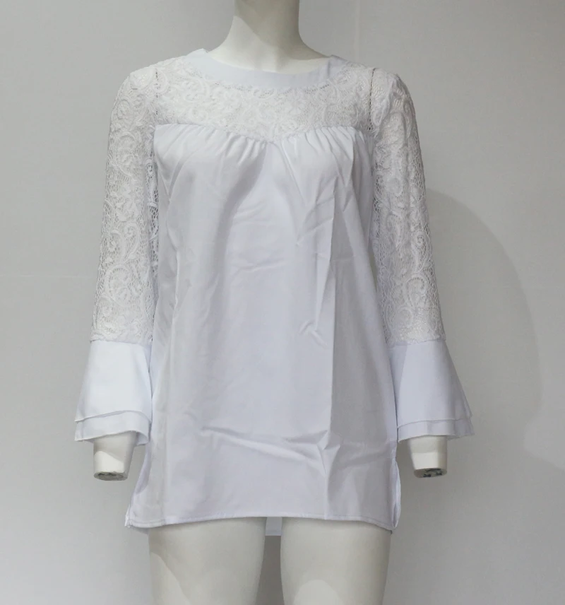 Женская белая кружевная элегантная шифоновая блузка, женские свободные топы с длинными рукавами, сексуальная Лоскутная Блузка рубашка с рукавом бабочки