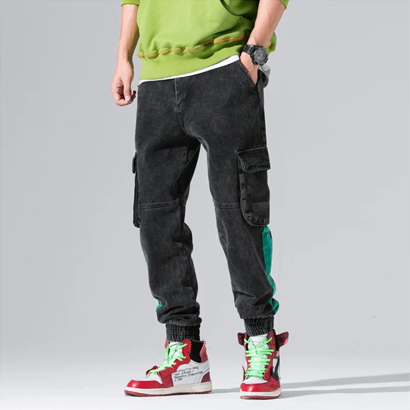 

Japanese Style Fashion Joggers Jeans Men Vintage Designer Black Color Harem Pants Stripe Spliced Hip Hop Jeans Homme Cargo Pants