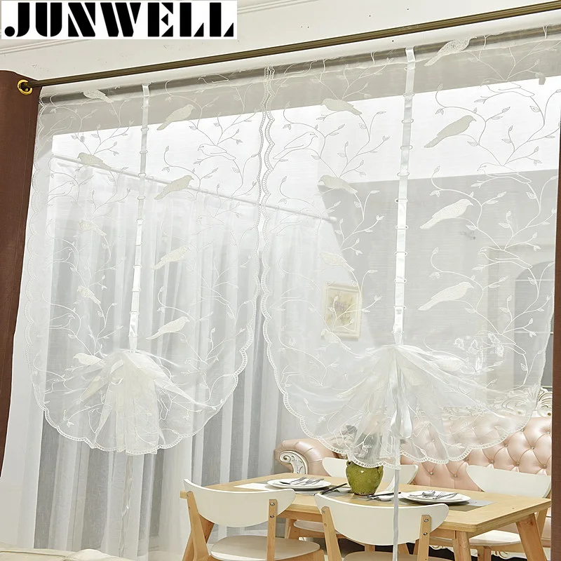 

Junwell White Embroidery Bird Ribbon Roman Curtain Design Stitching Colors Tulle Balcony Kitchen Window Curtain Blind 1pc