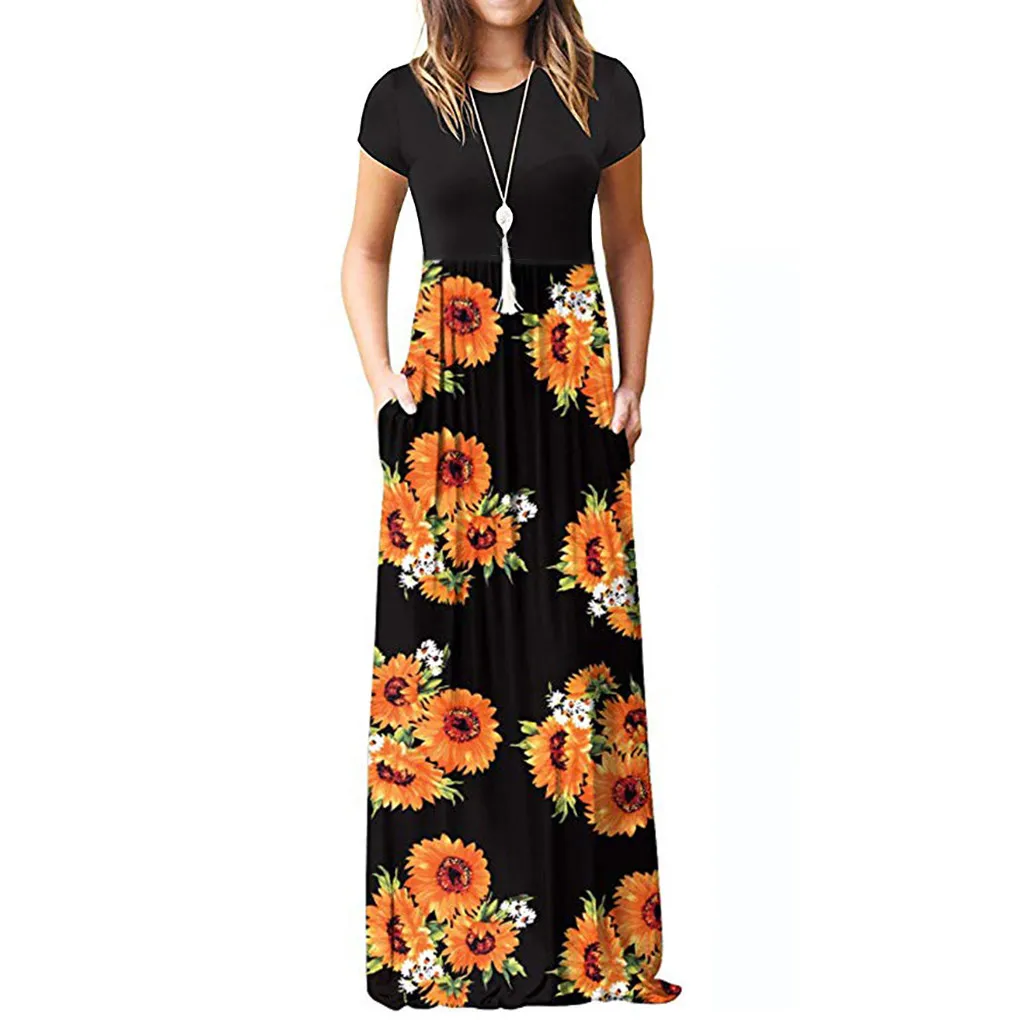 

Women's O-neck stitching dress fashion short-sleeved flower print long dresses beach holiday boho dress#D10