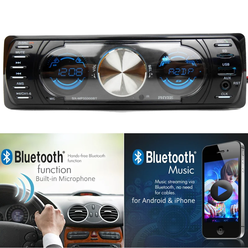 1 din Radio de coche Bluetooth Pantallas duales Audio estéreo MP3 ID3 WMA USB TF A2DP Manos libres ISO Unidad principal PHYEE SX-MP33300BT