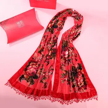 

Fashion Red Print Flower Cape Spring Women Soft Scarves Handmade Beads Shawls Islam Hijab Velvet Silk Muffler Scarf Stole Chal