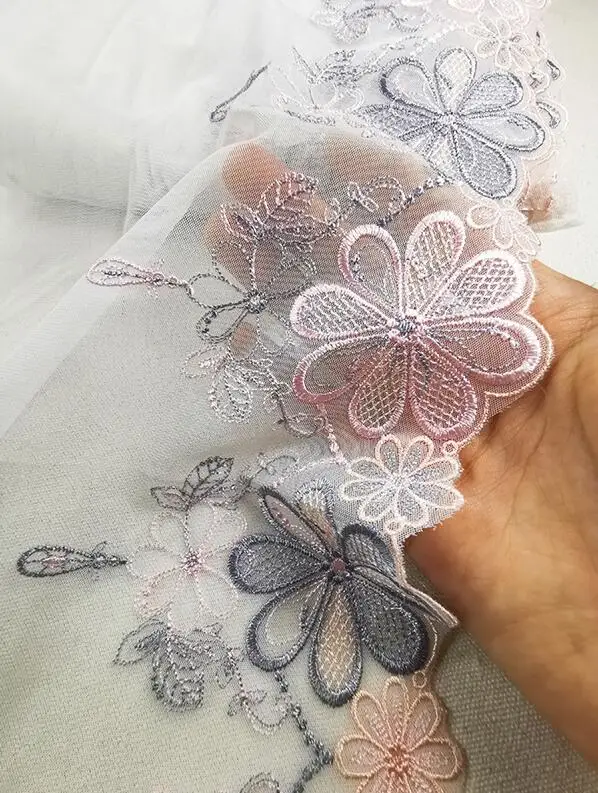 

1 Meter Free Shipping Embroidered Net Home DIY Lace Fabric Applique Ribbon Sewing Craft 24cm Grey Pink Lace Trim