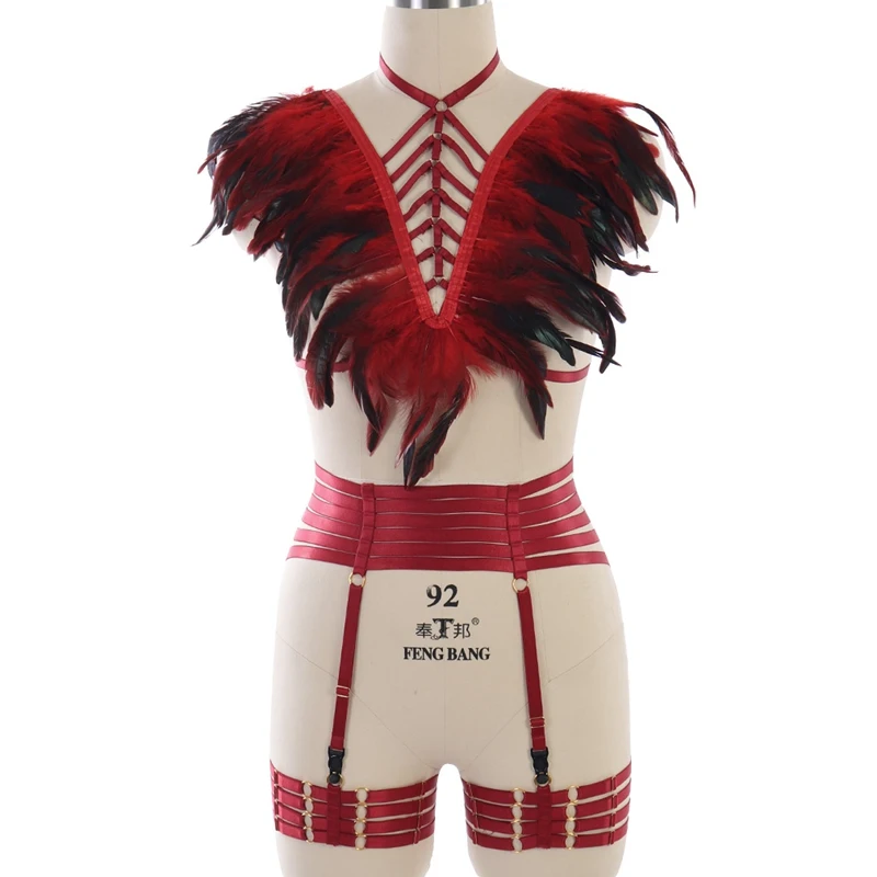 Online Gothic Bulu Epaulettes Body Harness Menyesuaikan Pakaian Atasan Bahu Sayap Tinggi Pinggang Stoking Suspender Kaki Tali Garter Set