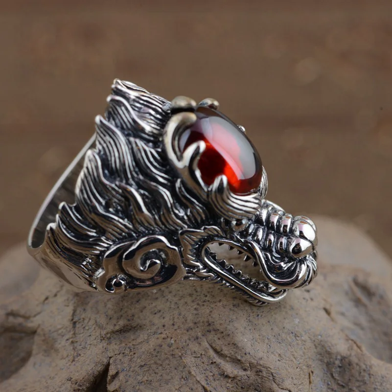 FNJ Punk Dragon Head Ring 925 Sterling Silver Red Zircon  
