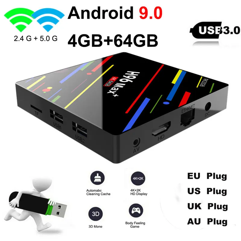 Comprar H96 MAX Plus caja de TV inteligente Android 9,0 TVBox 4GB de Ram 32 GB 64 GB Rom Rockchip RK3328 4K H.265 USB3.0 2,4 Ghz WiFi IP TV Set Top Box