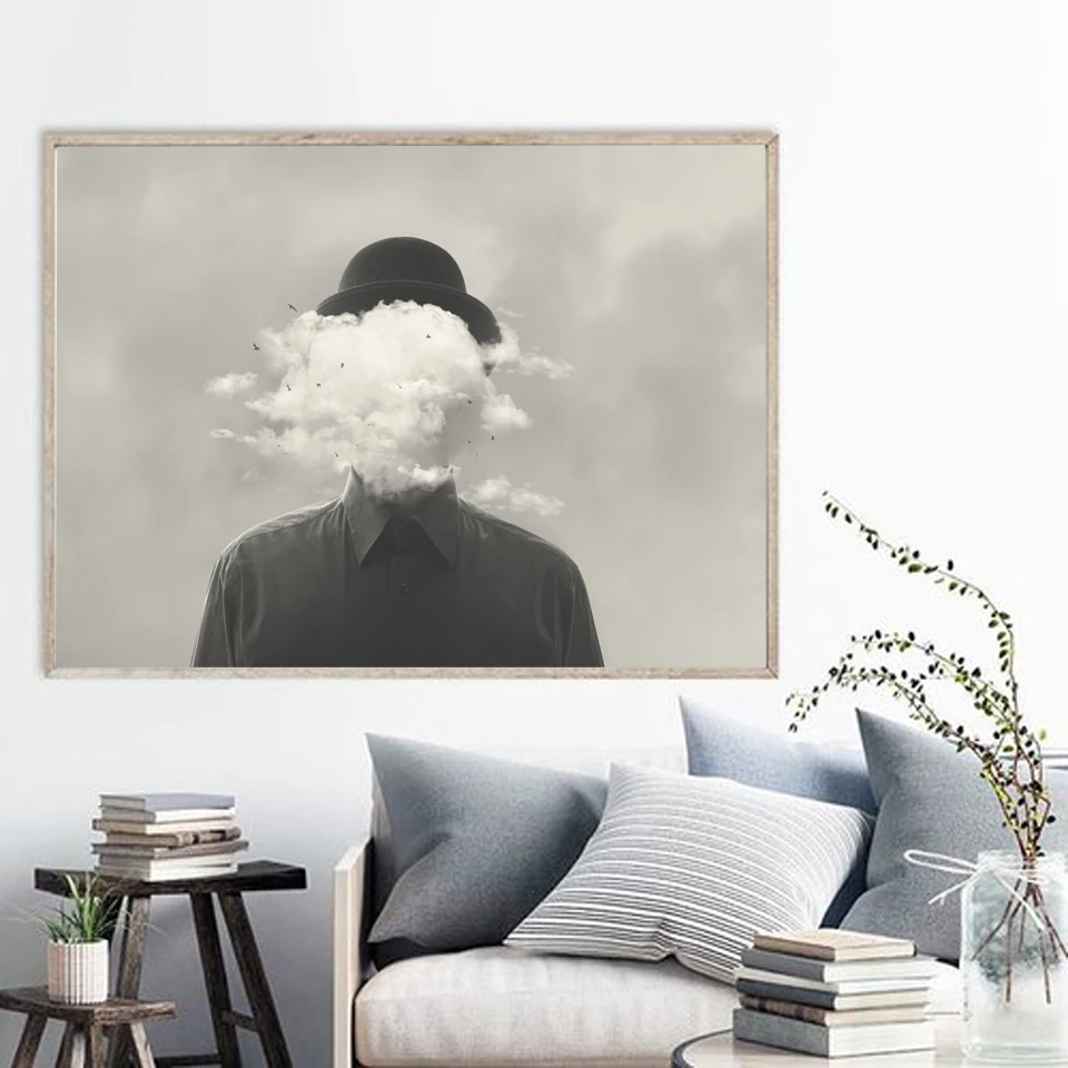 

Surreal Concept Man with Cloud Canvas Painting Print Black White Drive Girl Hat Hands Poster For Living Room Wall Pictures Decor