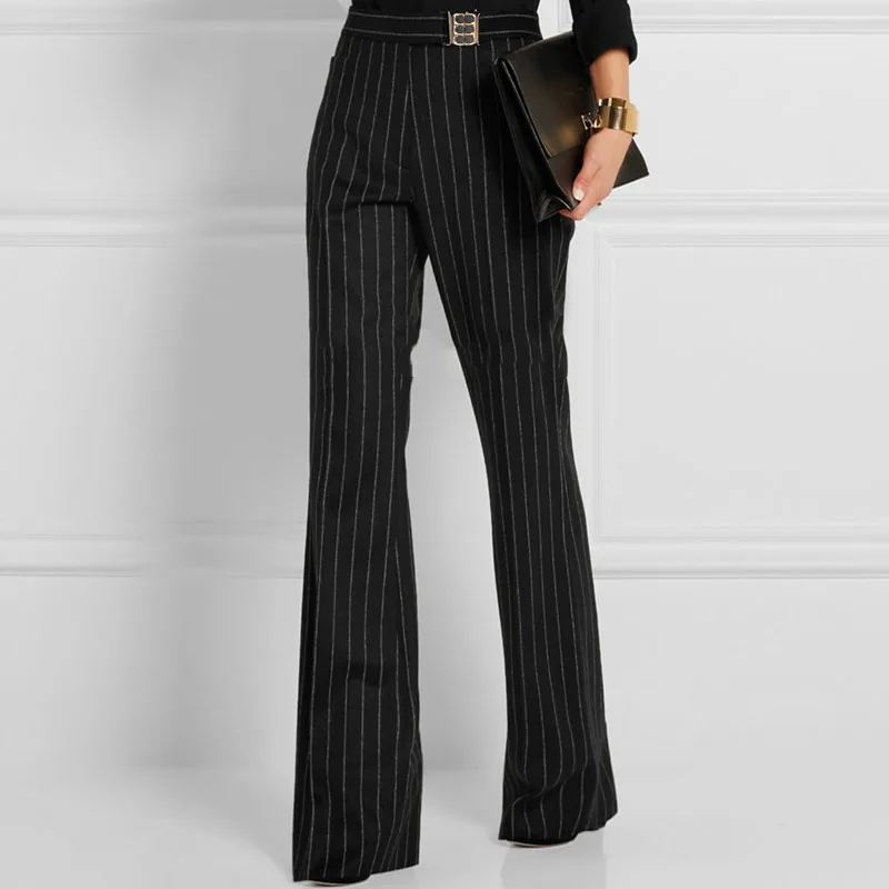 Model Pantalon Large Ceintures Top Cloche À Longueur Fond Mujer Fit La Toute Haute Jambe Taille Formelle Femmes Slim Pantalones Rayé Printemps PAORqwXR