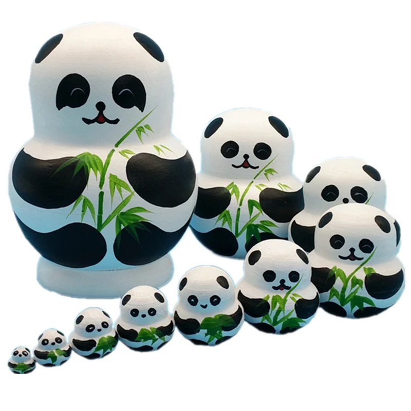Handpainted Russian Matryoshka Nesting Doll Panda Bamboo Pattern Wood Toy
