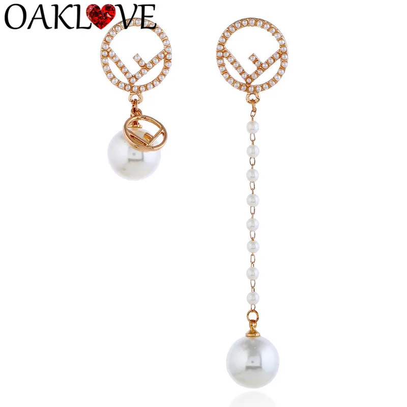 

Big Pearl Letter Earrings for Women Long Drop Dangle Earring Gold Color Asymmetry Ear Pendants Eardrop Jewelry 2019 New Fashion