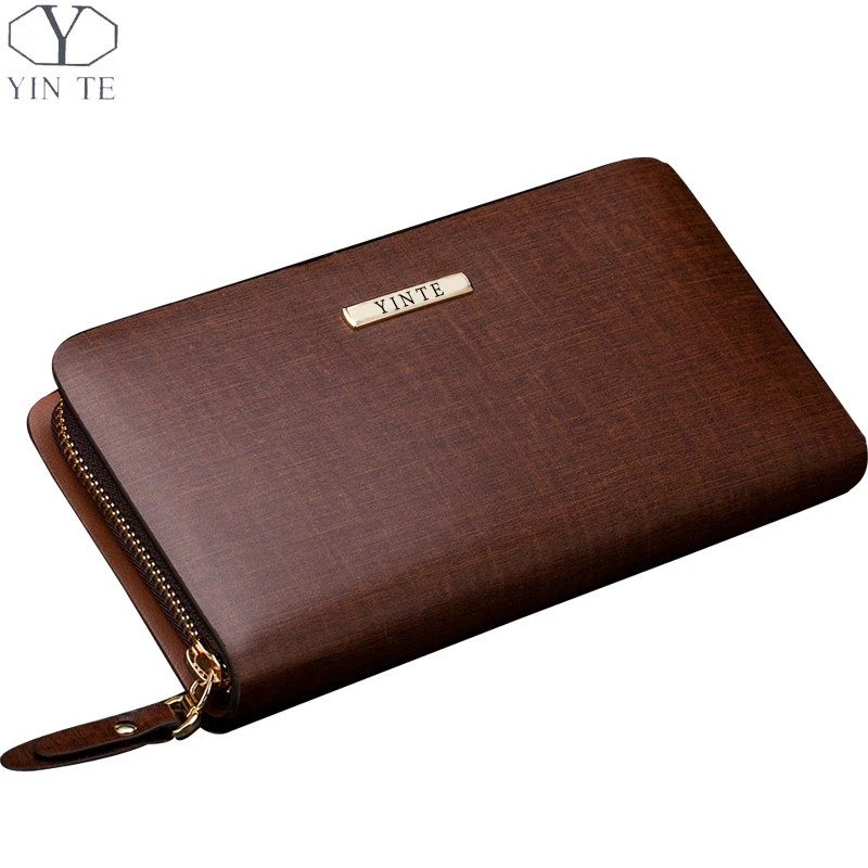 

YINTE Men's Clutch Wallets Leather Purse Handy Bags Men's Long Wallet Clutch Wrist Bag Brown Wallets Purses Card Holder T2026-2