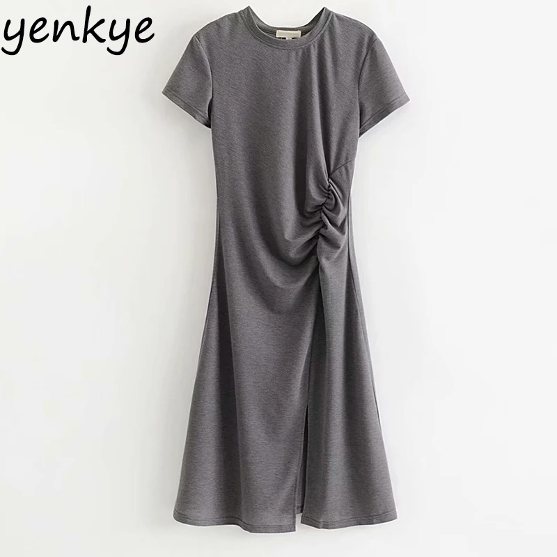 

2019 Women Solid Color Modal Draped Dress Lady Short Sleeve O Neck Sexy Slits Summer T Shirt Casual Dress DWDD1123