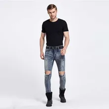 British high – end street BIKER JEANS hole man jeans Elastic Foot Motorcycle Frayed Scratch Jeans Male Blue Slim men trousers