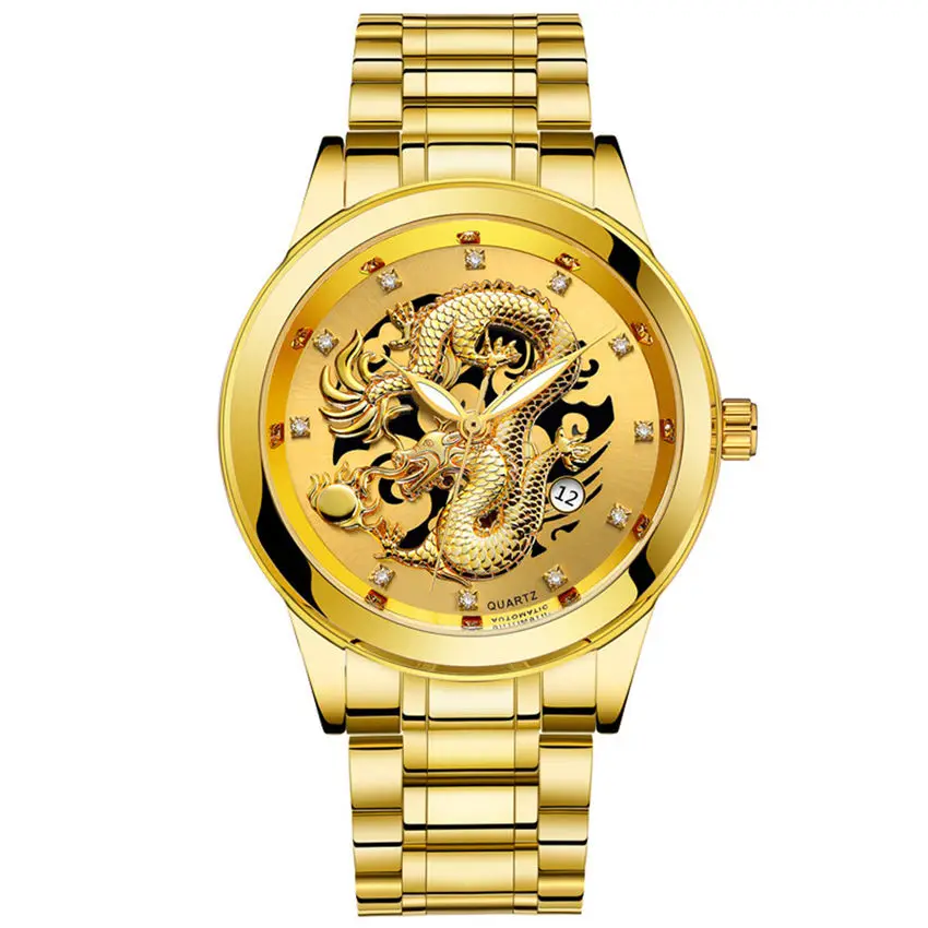 Мужские часы, брендовые, новые, Роскошные, нержавеющая сталь, ремешок, водонепроницаемые, золотой дракон, скульптура, мужские наручные часы, светящиеся, наручные часы LS* D