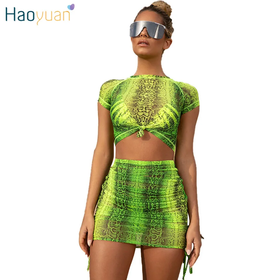 

HAOYUAN Neon Snake Sexy 2 Piece Set Women Festival Clothing Crop Top Skirt Summer Two Pcs Matching Sets Mesh Sheer Club Outfits