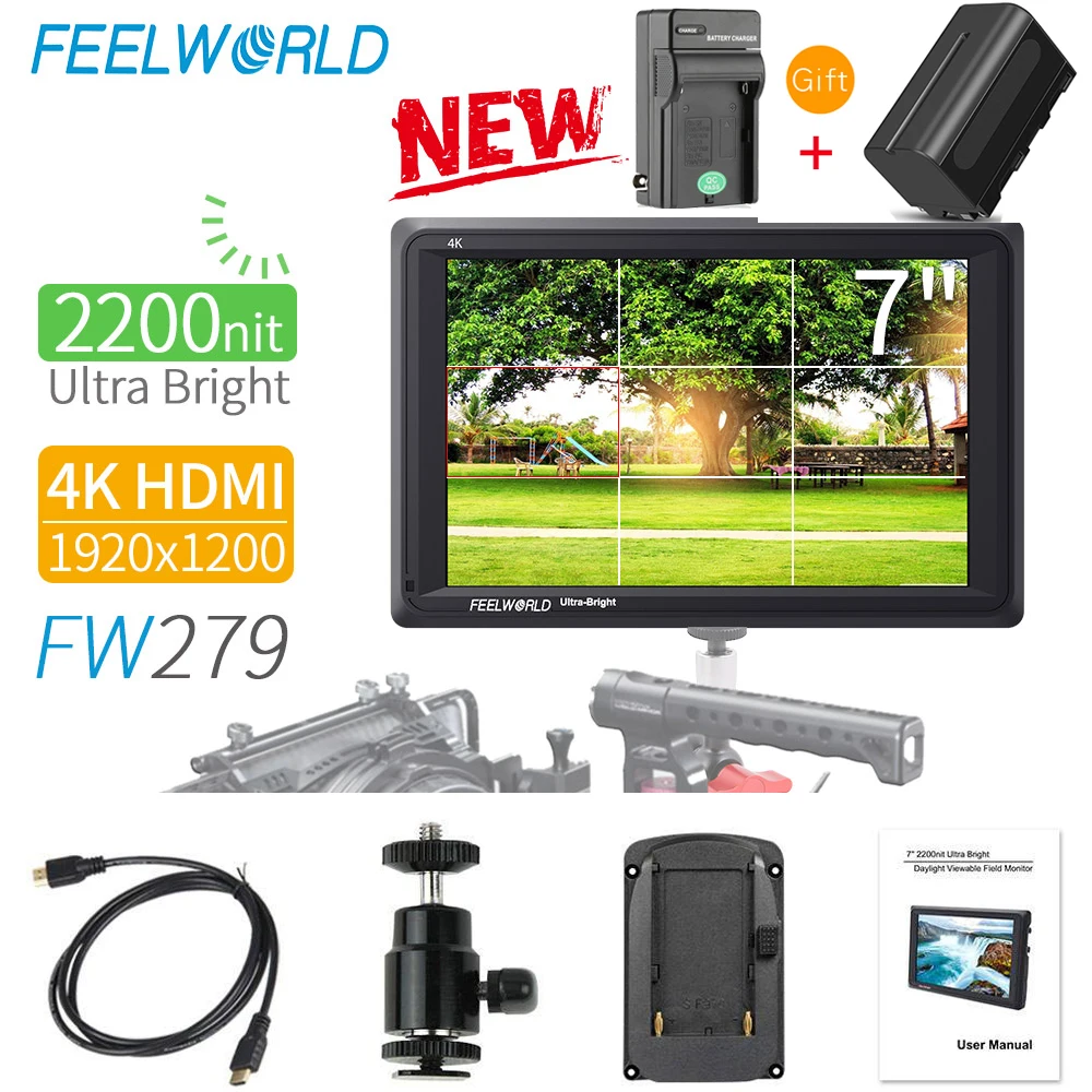 FEELWORLD FW279 7 дюймов ультра яркий 2200nit монитор Full HD 1920x1200 4K HDMI высокая яркость с NP750 батарея+ зарядное устройство