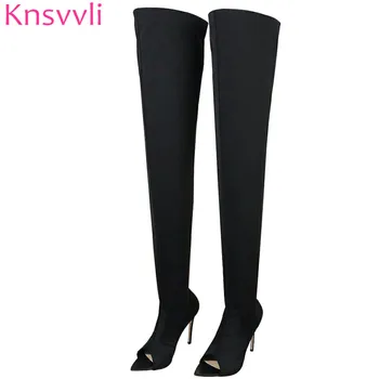 

Knsvvli 2019 Autumn Stretch Thigh High Boots Women High Heels Black Peep Toe Shoes Sexy Thin Heels Over The Knee Boots Ladies