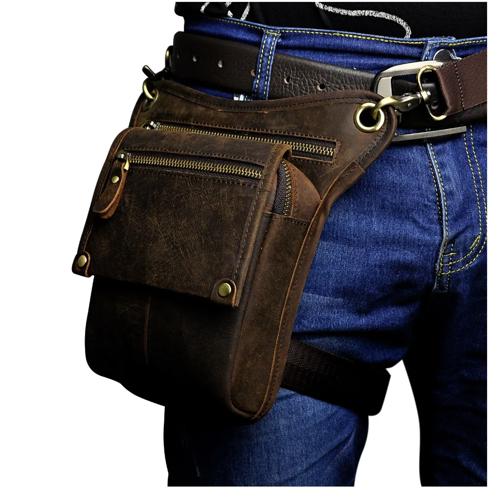 Bolsa de estilingue mensageiro clássica masculina, couro de cavalo louco, multifuncional, cinto de cintura de viagem, queda de perna, design de moda, 211-4