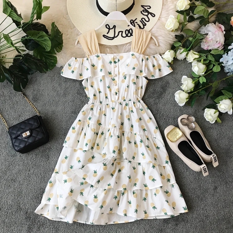 

Edition Hanging Belt with One Word Show Shoulder Pineapple Fresh Broken Flower Show Shoulder Dress Girls'Honey Dress
