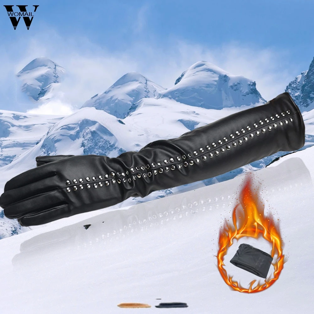Super Warm Cashmere Women Lady PU Leather Winter Long Elbow Gloves Driving Glove Amazing Aug 17