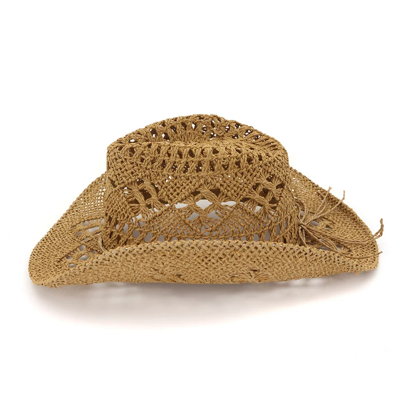 Summer Outdoor Men Women Hand-woven Western Cowboy Paper Straw Hats Wide Brim Breathable Beach Jazz Cap Sun Protection Hat 6