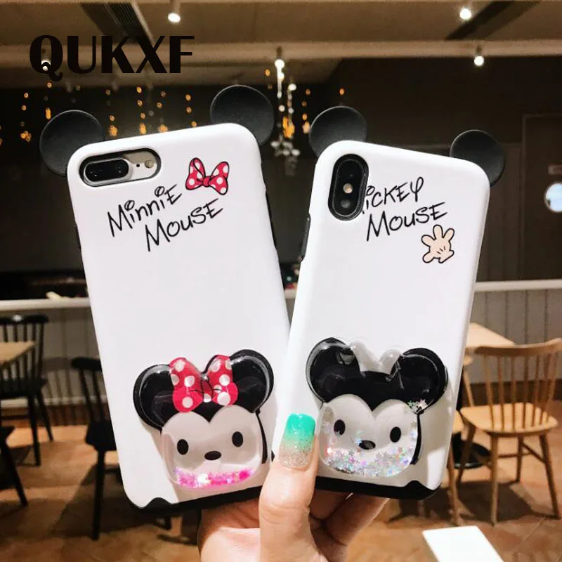 QUKXF 3D Cover For iPhone 7 6s 6 X Case Bling Sequin Quicksand Mickey Ear Soft TPU Capa 8 Plus Back Coque |