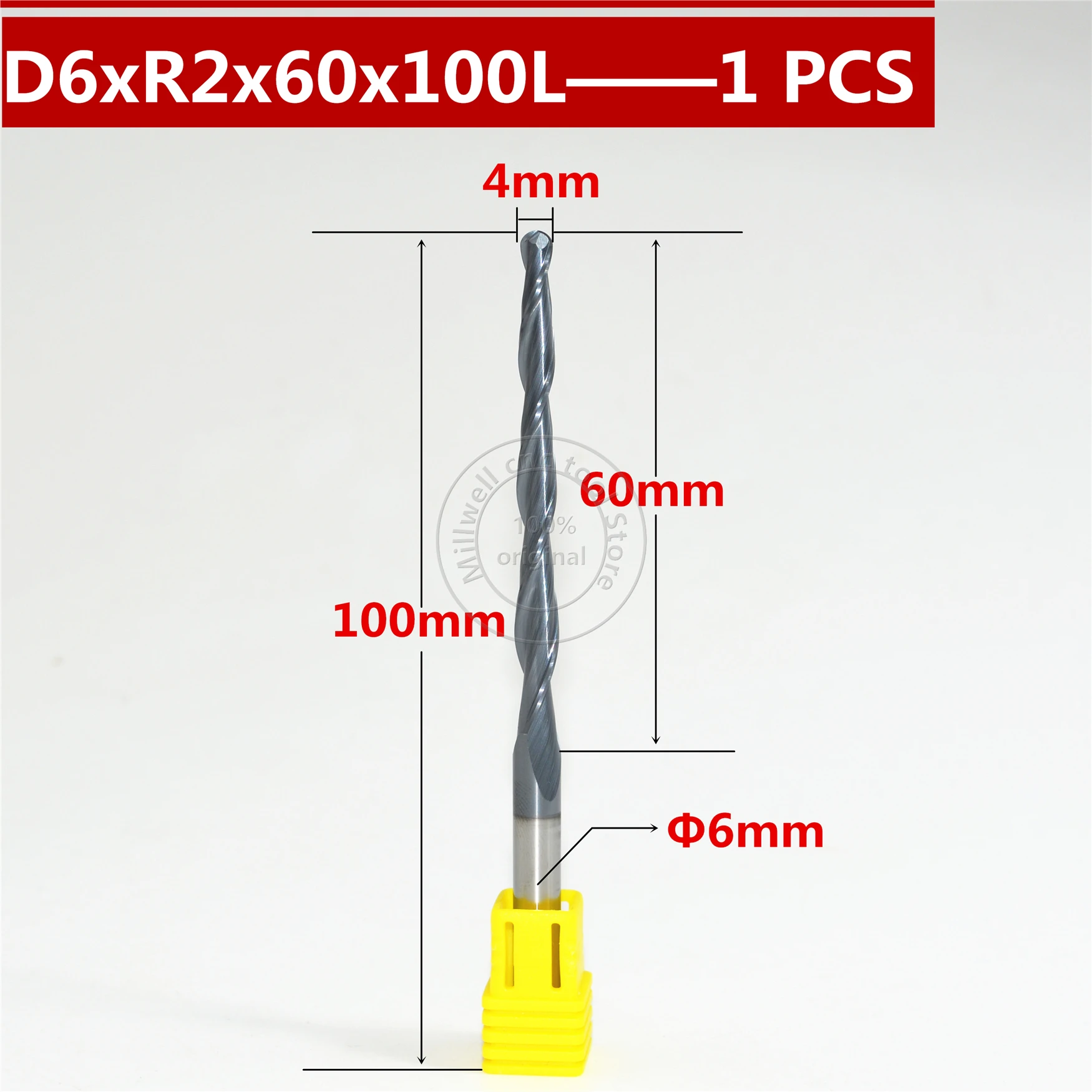 Бесплатная идентификация R2.0 * D6 60C 100L 2F HRC55 вольфрамовое твердое Карбидное