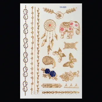 

2sheets 3D Metallic Flash Tattoo Temporary Gold Tattoo Pink Elephant Butterfly Rope Knot Design Tatoo Fashion Body Art Tatuagem