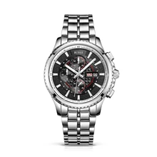BUREI 17003 Switzerland watches men Men’s Luminous Chronograph Day and Date Watch with Silver Bracelet, Silver Bezel Black Dial