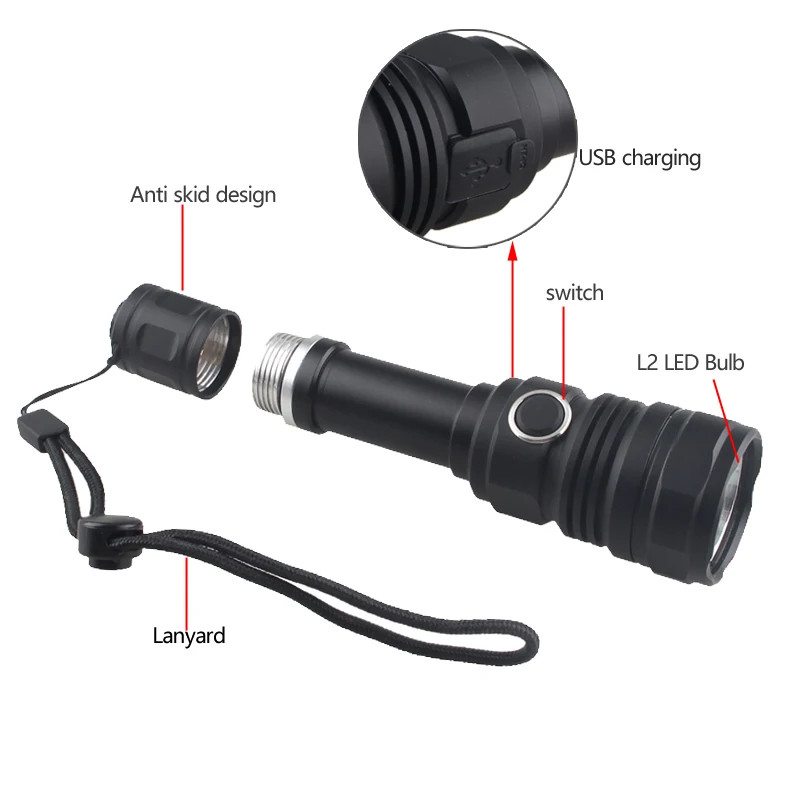 Modos de Arma + 18650 + Bateria Portátil Lanterna Tática Caça 5 Autodefesa Luz Recarregável Usb Cabo 8000lm l2 6 Cheap Luzes de armas