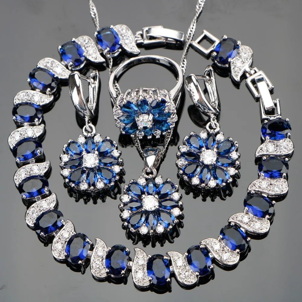 Blue Zircon Wedding Silver 925 Jewelry Sets For Women Charms Bracelets