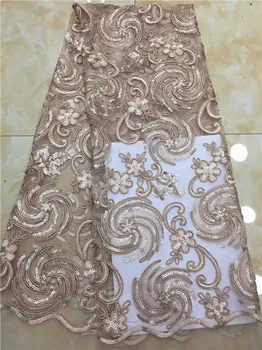 

Latest Popular Designs champagne sequins Fabric 5 Yards African Lace Fabric High Quality indian Tulle lace fabric X01