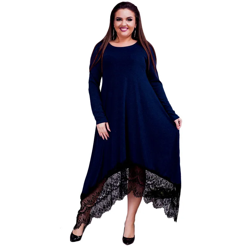 

2019 New Arrival Women Irregular Lace Patchwork Long Dress Maxi Spring Black Fat MM Dress Plus Size Casual Party Dresses Vestido