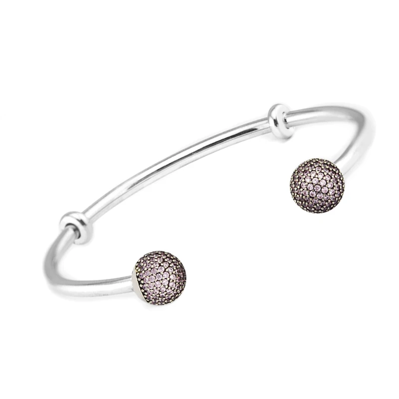 

Pave Open Bangle 100% 925 Sterling Silver Pink CZ Caps Bangle Bracelets for Women Gift Fit Charm Beads Diy free shipping PFB046B
