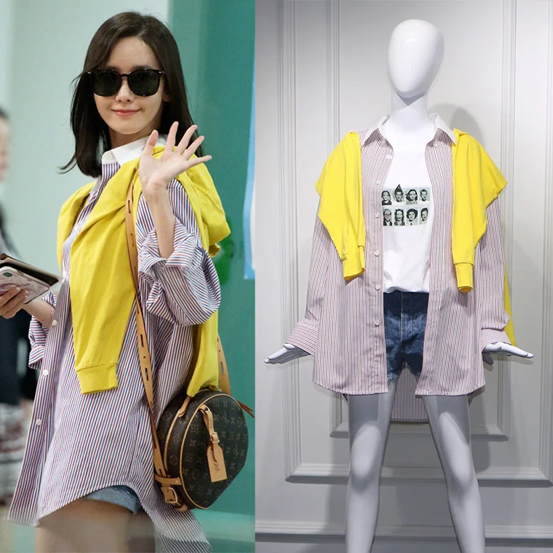 

2019 Spring Lin Yun-re Star Same Striped Loose Long Sleeve Fake Two Women Turn-down Collar Striped Button Blouse Shirt Women