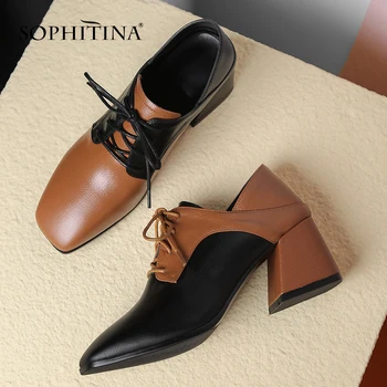 

SOPHITINA Women's Ankle Strap Pumps High Genuine Leather Square Toe Lace-Up Fashion Shoes High Square Heel Casual Pumps MO28
