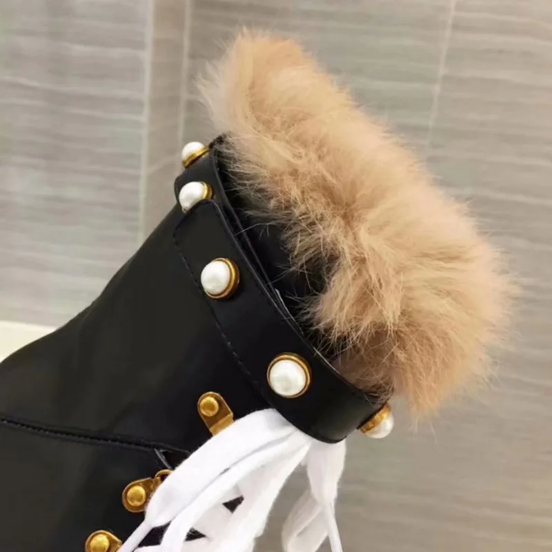 Real Leather Black Ankle Boots Women Round Toe Mixed Color Pearl Rivet High Heel Boots Woman Fashion Martin Boots