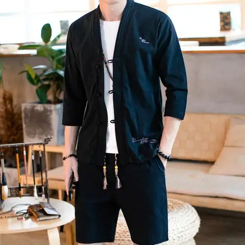 

Loldeal Summer Linen Suit Men's Chinese Cotton Linen Long-sleeved Casual Shirt Shorts Two-piece