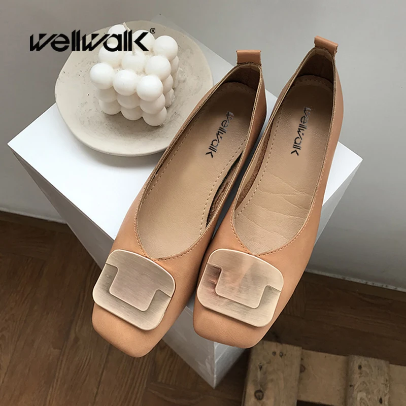 

Wellwalk Home Shoes Women Heel Pumps Square Toe Ladies Leather PU Moccasins Metal Buckle Slip On Spring Loafers Foldable Design