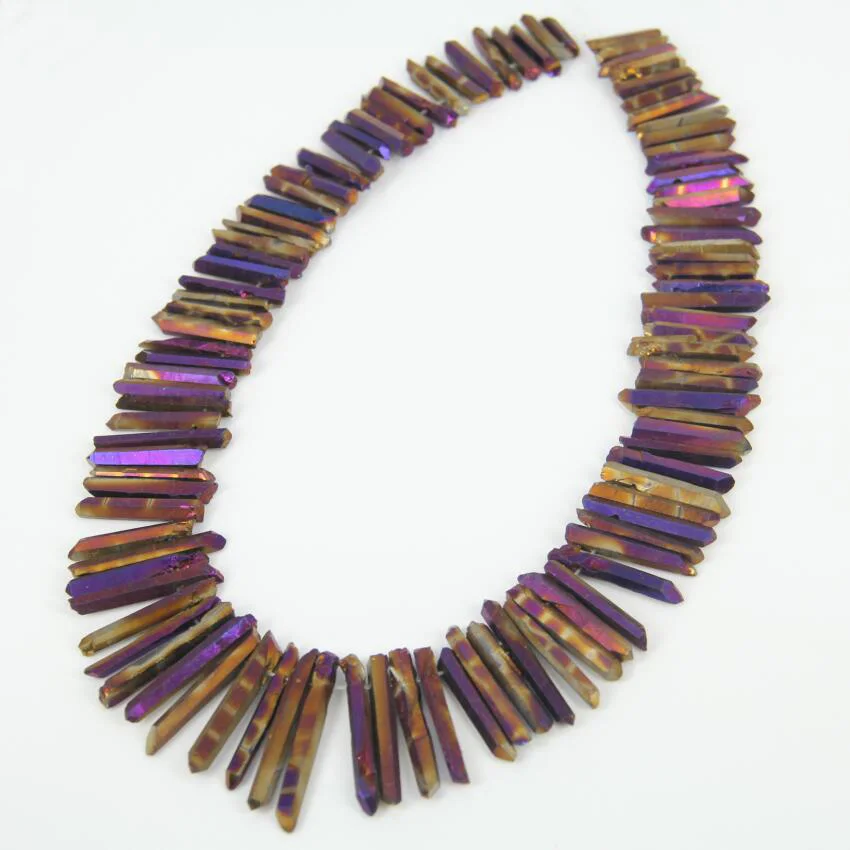 

Tiny Natural Purple Titanium Quartz Top Drilled Stick Points Pendants strand,Slender Raw Crystals Tusk Spike Beads Necklace Bulk