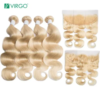 

Virgo 613 Bundles with Frontal Peruvian Omber Blonde Bundles with Closure 4 Pcs/Lot 100% Human hair Bundles Remy Hair